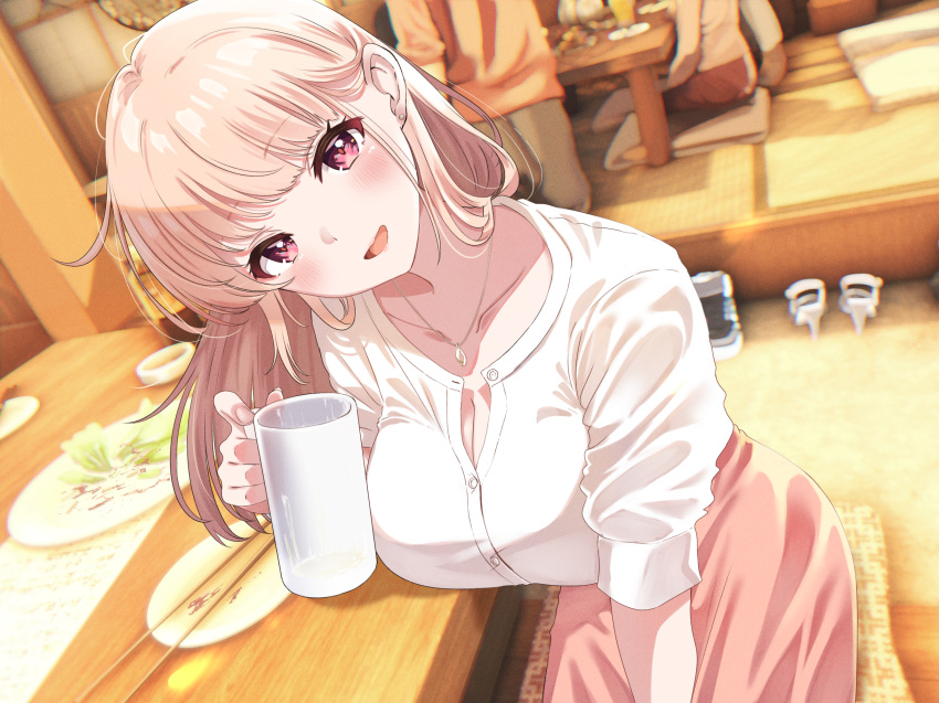 1girl bangs blouse breasts chopsticks cleavage collarbone commentary_request commission cup drink earrings food head_tilt highres indoors jewelry large_breasts long_hair long_sleeves looking_at_viewer motherly necklace open_mouth original pink_hair pink_skirt plate red_eyes restaurant shiokazunoko shoes shoes_removed skirt smile table