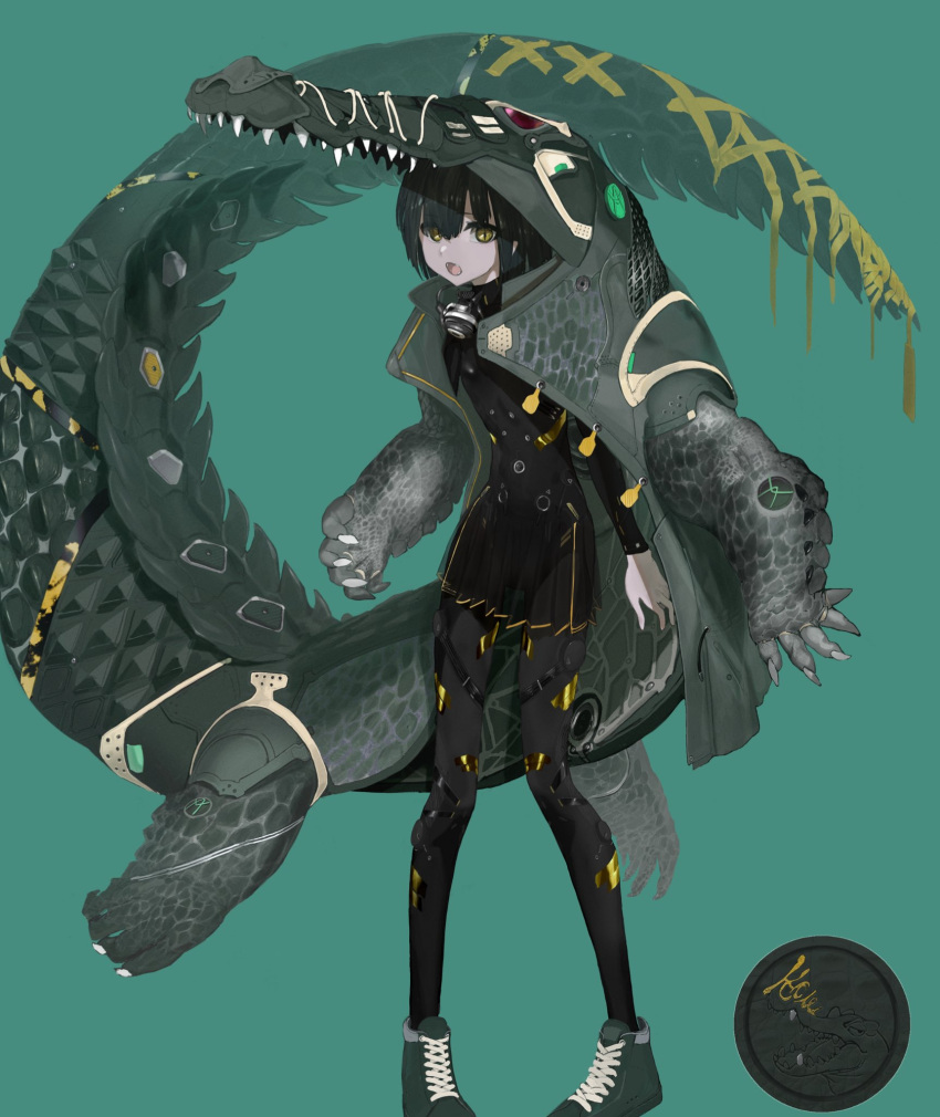 1girl bodysuit claws crocodilian crocodilian_tail diving_regulator diving_suit fangs full_body green_background green_footwear green_hair high_tops highres jacket jacket_on_shoulders jacket_partially_removed looking_at_viewer original pleated_skirt scales scuba_gear shoes short_hair skirt slit_pupils sneakers solo spikes toriseka wetsuit yellow_eyes