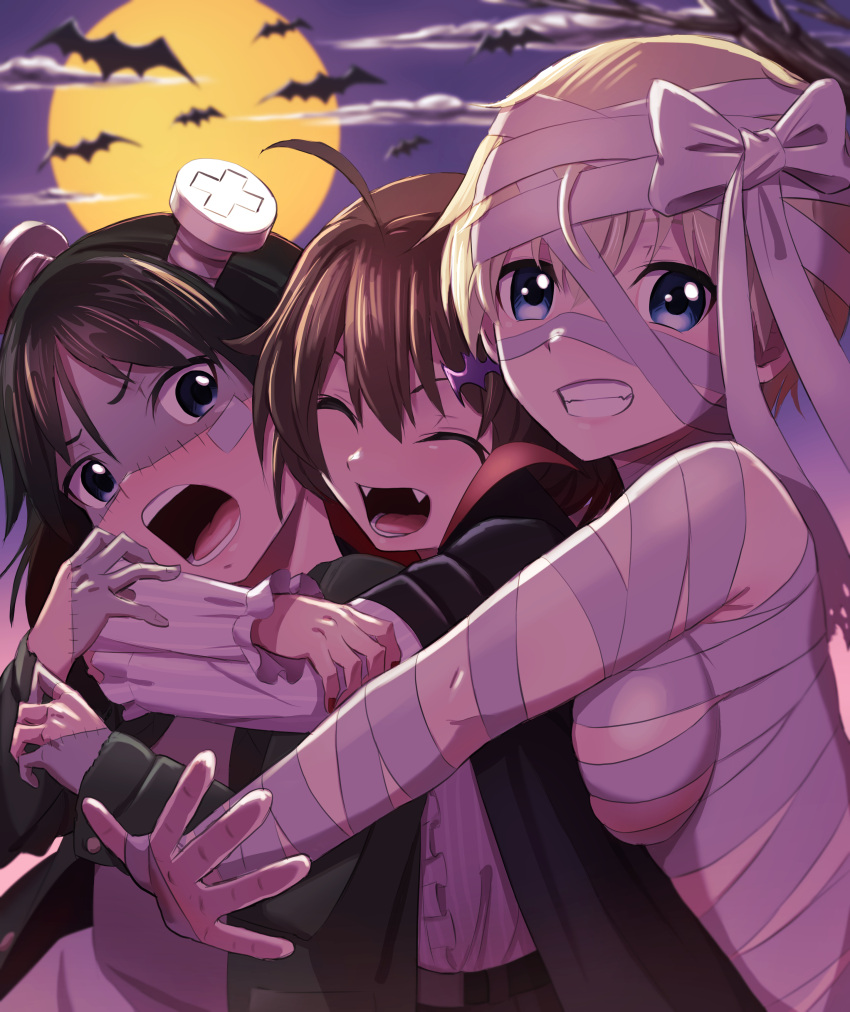 3girls ^_^ absurdres ahoge bat bat_hair_ornament black_eyes blue_eyes bow brave_witches breasts brown_hair cape character_request closed_eyes cloud fangs full_moon hair_between_eyes hair_ornament halloween hasegawa_(hase_popopo) highres hug hug_from_behind kanno_naoe large_breasts looking_at_viewer moon multiple_girls purple_eyes screw_in_head short_hair sideboob smile upper_body world_witches_series