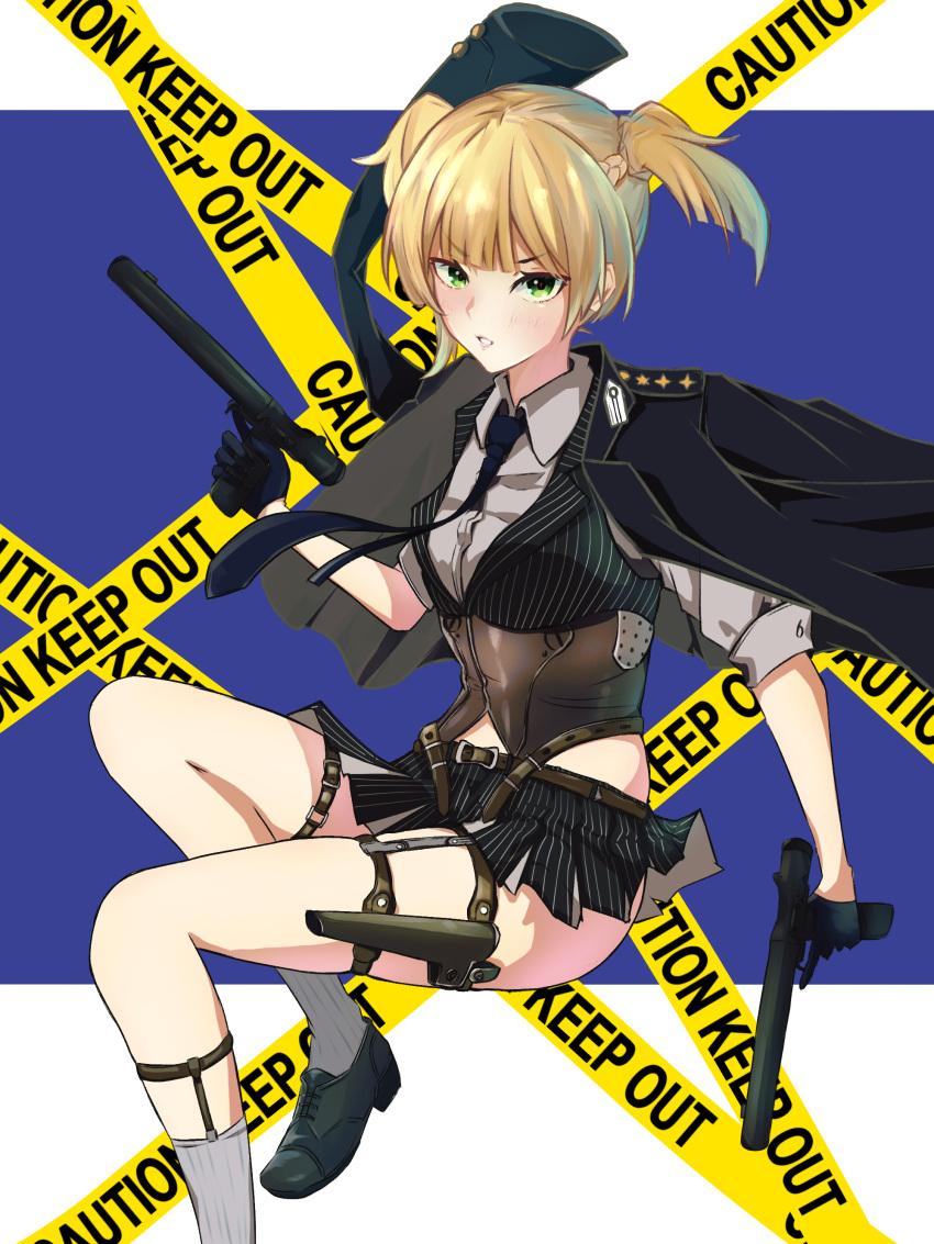 1girl :o absurdres bangs black_gloves black_skirt black_vest blonde_hair blue_jacket blue_necktie blush breasts brown_corset corset eyebrows_visible_through_hair girls'_frontline gloves green_eyes gun handgun highres holding holding_gun holding_weapon holstered_weapon jacket looking_at_viewer miniskirt necktie open_clothes open_jacket open_mouth parted_lips pistol r9k1 shirt shoes short_hair simple_background skirt small_breasts socks solo twintails vest weapon welrod_mk2 welrod_mkii_(girls'_frontline) white_shirt