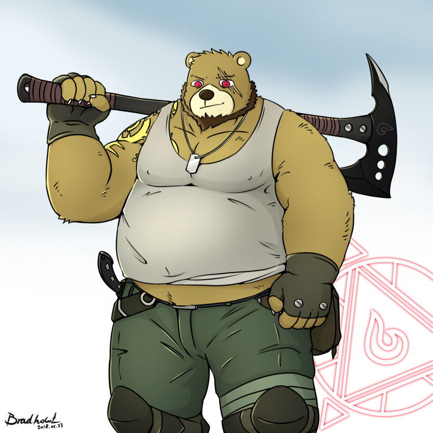 1:1 2018 anthro belly big_belly bottomwear brown_body clothing hi_res humanoid_hands kemono male mammal mtflying30371 overweight overweight_male pants red_eyes scar shirt solo topwear ursid weapon