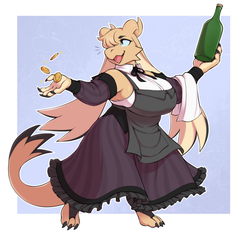 2022 anthro big_breasts biped blonde_hair bottle breasts claws clothing coin digital_media_(artwork) digitigrade dress female finger_claws hair horn huge_breasts iriedono kobold open_mouth open_smile slightly_chubby smile solo tan_body toe_claws