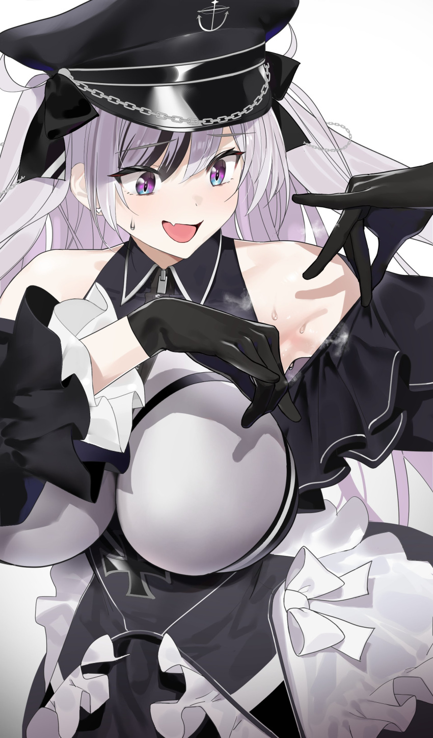 1girl absurdres azur_lane bangs bare_shoulders black_corset black_headwear blush breasts clothing_cutout corset dress elbe_(azur_lane) frilled_dress frills hat highres jikatarou large_breasts layered_dress leotard long_hair long_sleeves multicolored_hair open_mouth peaked_cap shoulder_cutout skirt smile solo streaked_hair white_leotard