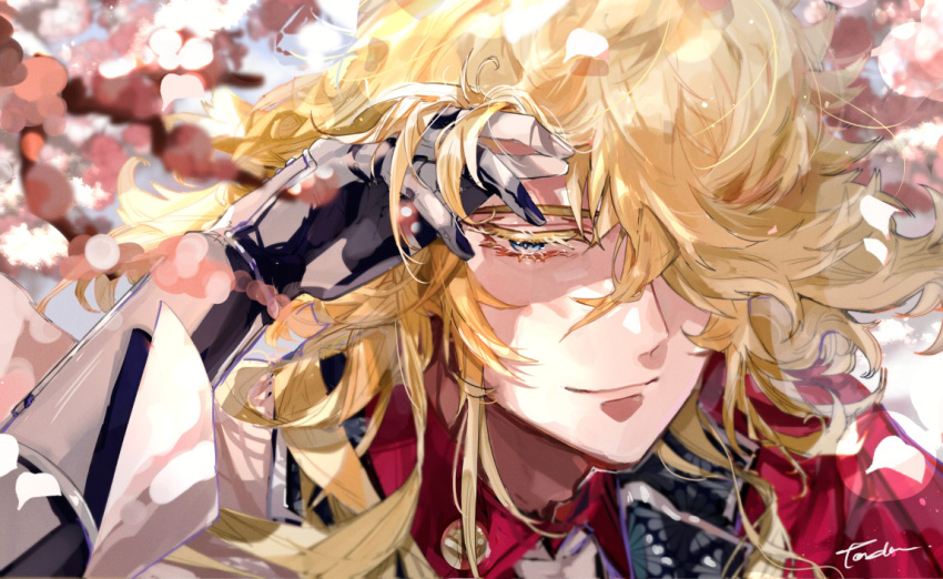 1boy adam's_apple artist_name black_gloves blonde_hair blue_eyes blurry bokeh closed_mouth colored_eyelashes dappled_sunlight day depth_of_field gloves hair_lift hair_over_one_eye half-closed_eyes hand_in_own_hair hand_up ichimonji_norimune long_hair long_sleeves looking_at_viewer male_focus messy_hair one_eye_covered partially_fingerless_gloves petals portrait smile solo sunlight tandem touken_ranbu