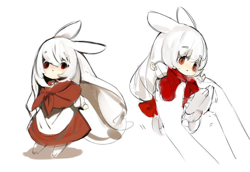 1girl animal_ears bunny chibi dress empty_eyes expressionless hair_between_eyes hands_up holding holding_up long_hair looking_at_viewer original panicking rabbit_girl red_eyes shirokujira simple_background white_background white_hair