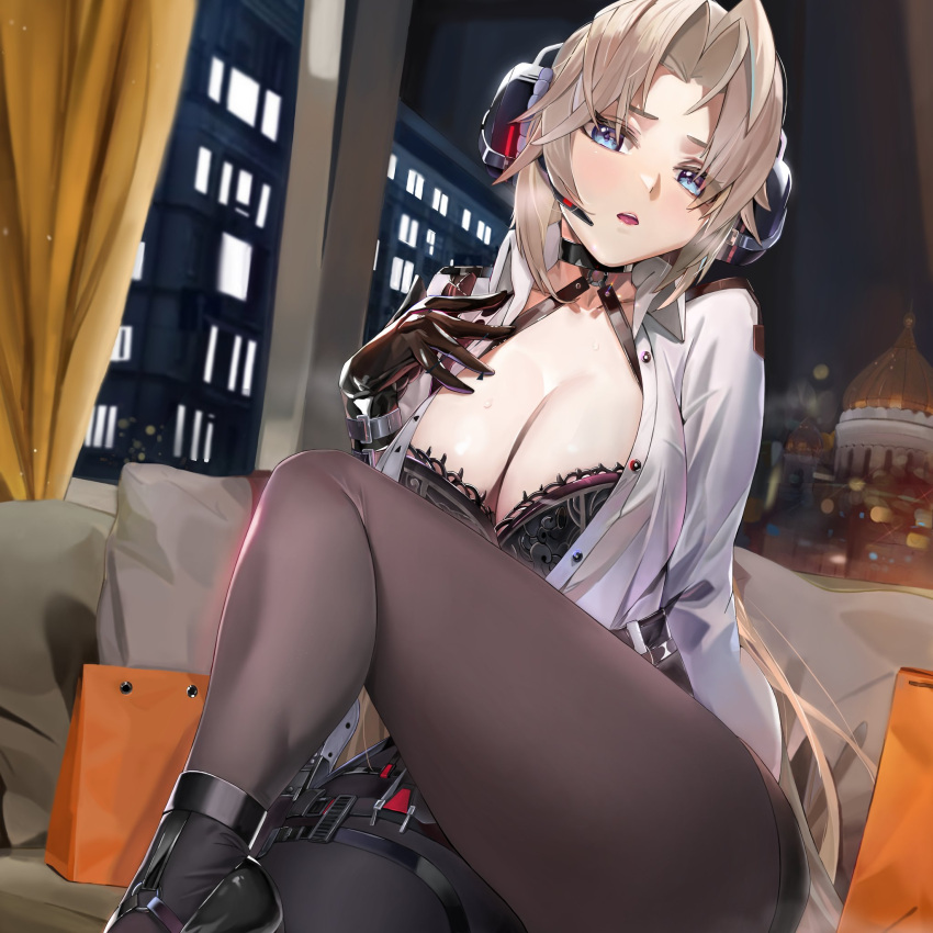 1girl azur_lane black_bra black_gloves black_legwear blonde_hair blouse blue_eyes bra breasts cleavage commentary gloves hand_on_own_chest headset highres kronshtadt_(azur_lane) kronshtadt_(begin_the_rush!)_(azur_lane) large_breasts leg_lift long_sleeves looking_at_viewer mi35tututu official_alternate_costume open_blouse open_clothes open_mouth open_shirt pantyhose shirt solo thighs underwear white_blouse white_shirt