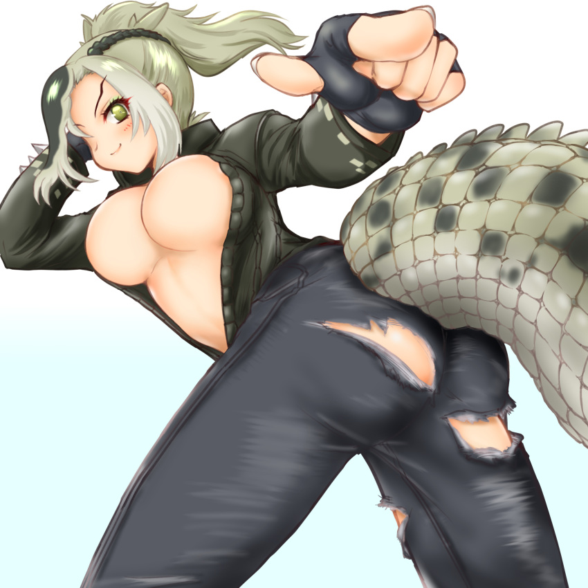 &gt;:) alternate_breast_size arms_up ass asymmetrical_hair bent_over black_gloves black_pants braid breasts closed_mouth crocodilian_tail denim eyebrows fingerless_gloves fingernails foreshortening french_braid gloves green_hair green_jacket hakumaiya high_ponytail highres jacket jeans kemono_friends large_breasts legs_apart long_hair looking_at_viewer multicolored_hair no_bra outstretched_arm pants partially_unzipped pointing pointing_at_viewer pointy_ears saltwater_crocodile_(kemono_friends) smile spikes stomach tail tail_through_clothes torn_clothes torn_jeans torn_pants twisted_torso v-shaped_eyebrows zipper