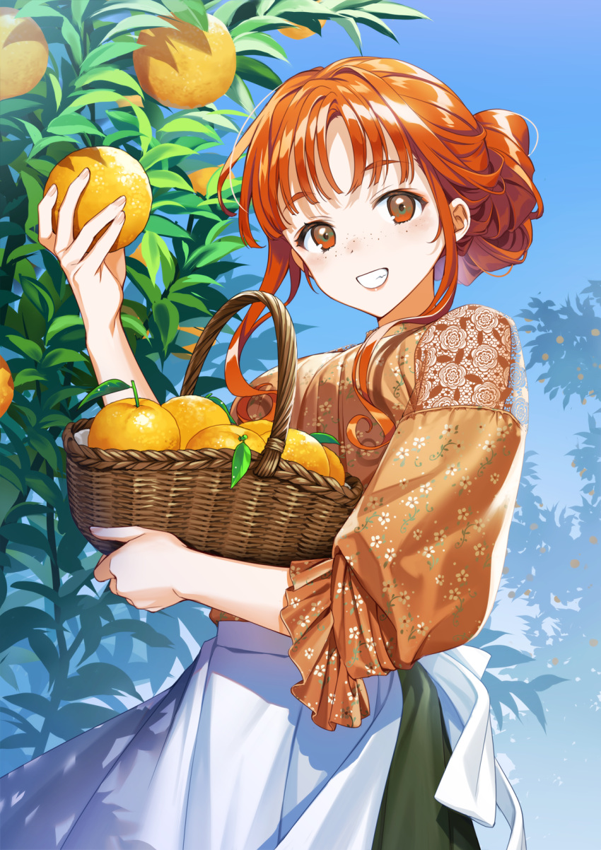 1girl apron bangs basket blush breasts face food fruit fruit_basket grin hands highres holding holding_basket long_hair looking_at_viewer medium_breasts orange_(fruit) orange_eyes orange_hair orange_tree original shadow smile standing tree tsukumon_123