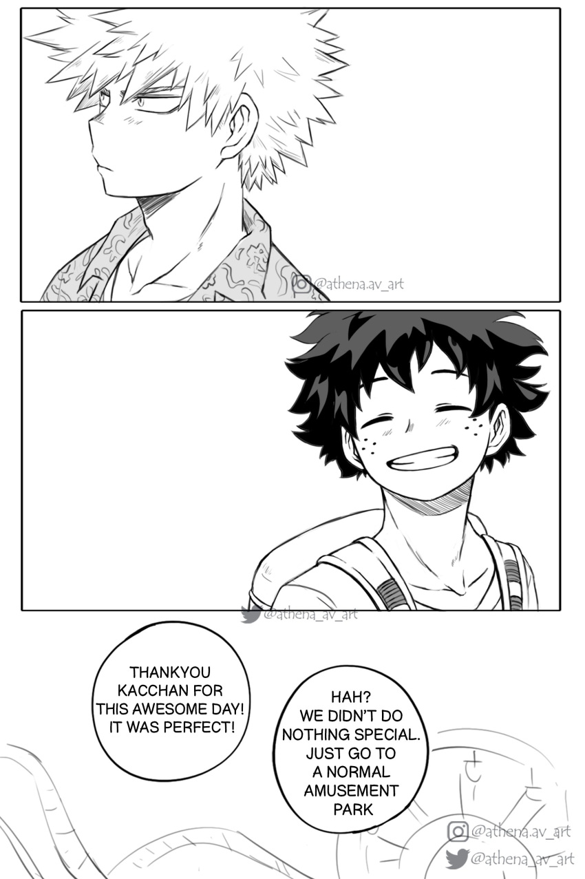 2boys absurdres alternate_costume athena_av backpack bag bakugou_katsuki blush boku_no_hero_academia closed_mouth collared_shirt commentary english_commentary english_text ferris_wheel freckles greyscale grin happy highres instagram_logo instagram_username male_focus midoriya_izuku monochrome multiple_boys shirt short_hair smile speech_bubble spiked_hair teeth twitter_logo twitter_username