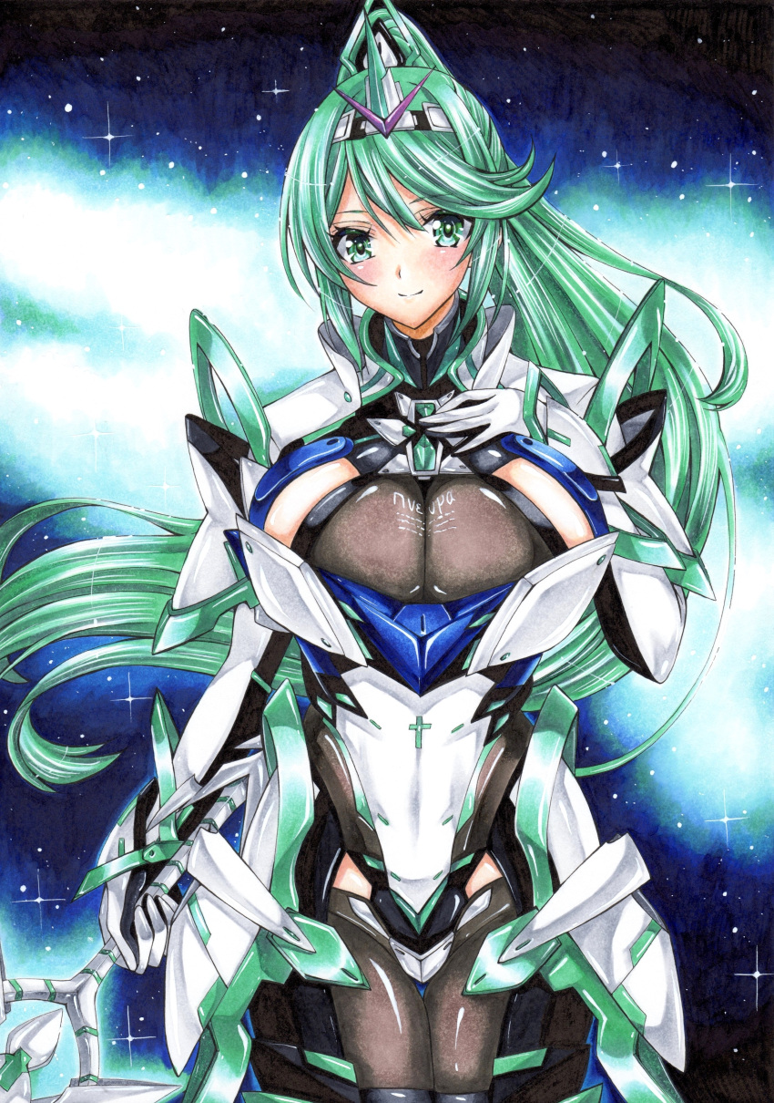 1girl absurdres aegis_sword_(xenoblade) bangs breasts chest_jewel earrings gem gloves greek_text green_eyes green_hair headpiece highres hmdark-9 jewelry large_breasts long_hair pneuma_(xenoblade) ponytail solo swept_bangs tiara traditional_media very_long_hair xenoblade_chronicles_(series) xenoblade_chronicles_2