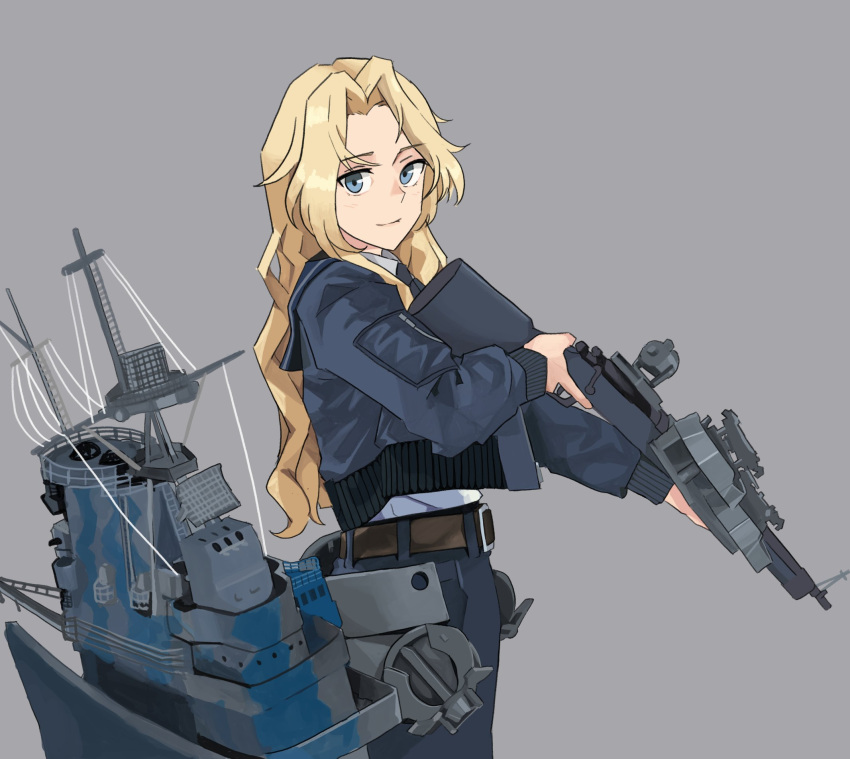 1girl belt black_jacket black_necktie black_skirt blonde_hair blue_eyes bomber_jacket brown_belt cowboy_shot dress_shirt grey_background gun highres hornet_(kancolle) jacket kantai_collection long_hair looking_at_viewer m1_garand machinery necktie pencil_skirt perfect_han rifle shirt skirt smile trigger_discipline weapon white_shirt