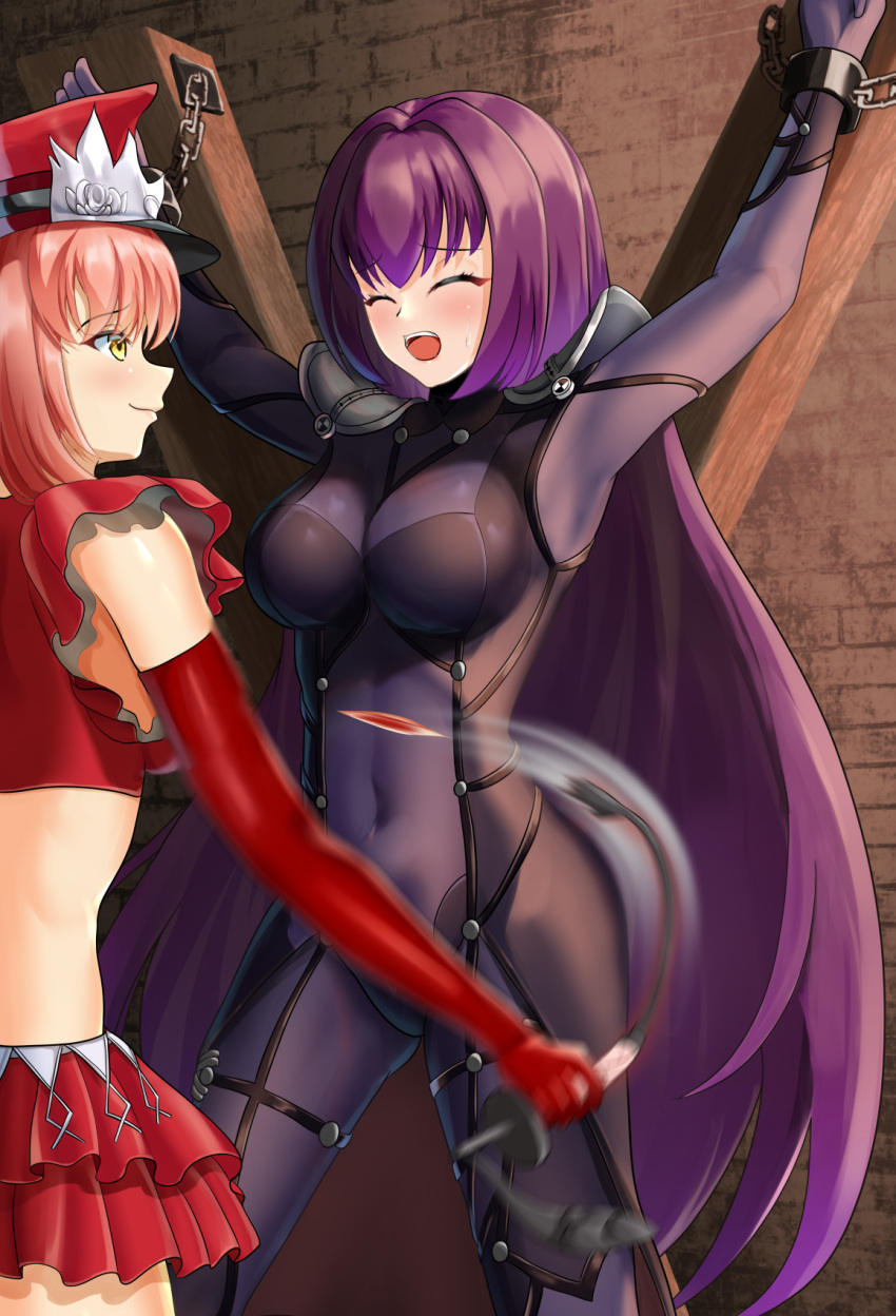 2girls bdsm bodysuit bondage bound breasts closed_eyes covered_navel dorachan_r elbow_gloves fate/grand_order fate_(series) gloves hair_intakes hat highres large_breasts long_hair medb_(alluring_chief_warden_look)_(fate) medb_(fate) multiple_girls peaked_cap pink_hair purple_bodysuit purple_hair red_gloves red_headwear restrained riding_crop ryona scathach_(fate) stationary_restraints yellow_eyes