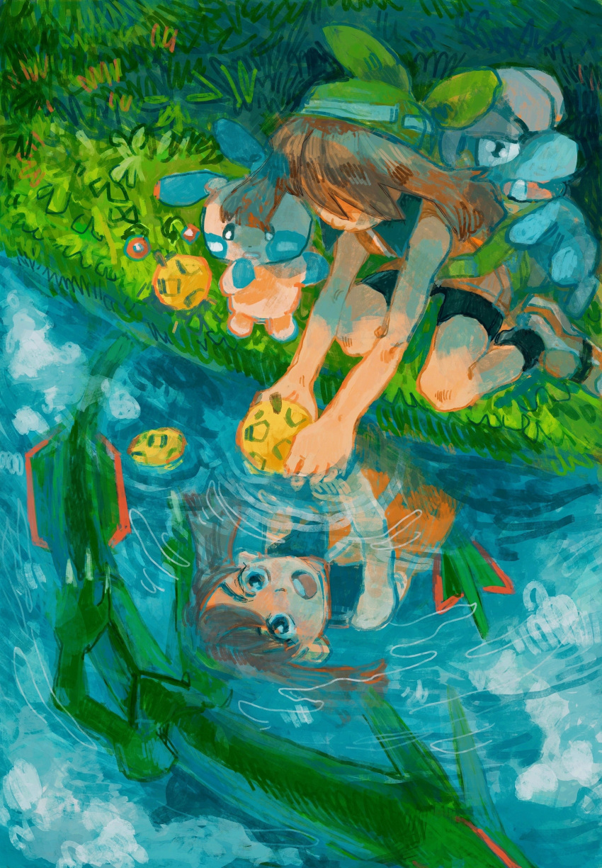 1girl :o absurdres backpack bag bagon bandana berry_(pokemon) bike_shorts brown_hair dateko_(da0316teko) eyebrows_behind_hair grass highres kneeling may_(pokemon) minun open_mouth pokemon pokemon_(creature) pokemon_(game) pokemon_rse rayquaza reflection reflective_water river