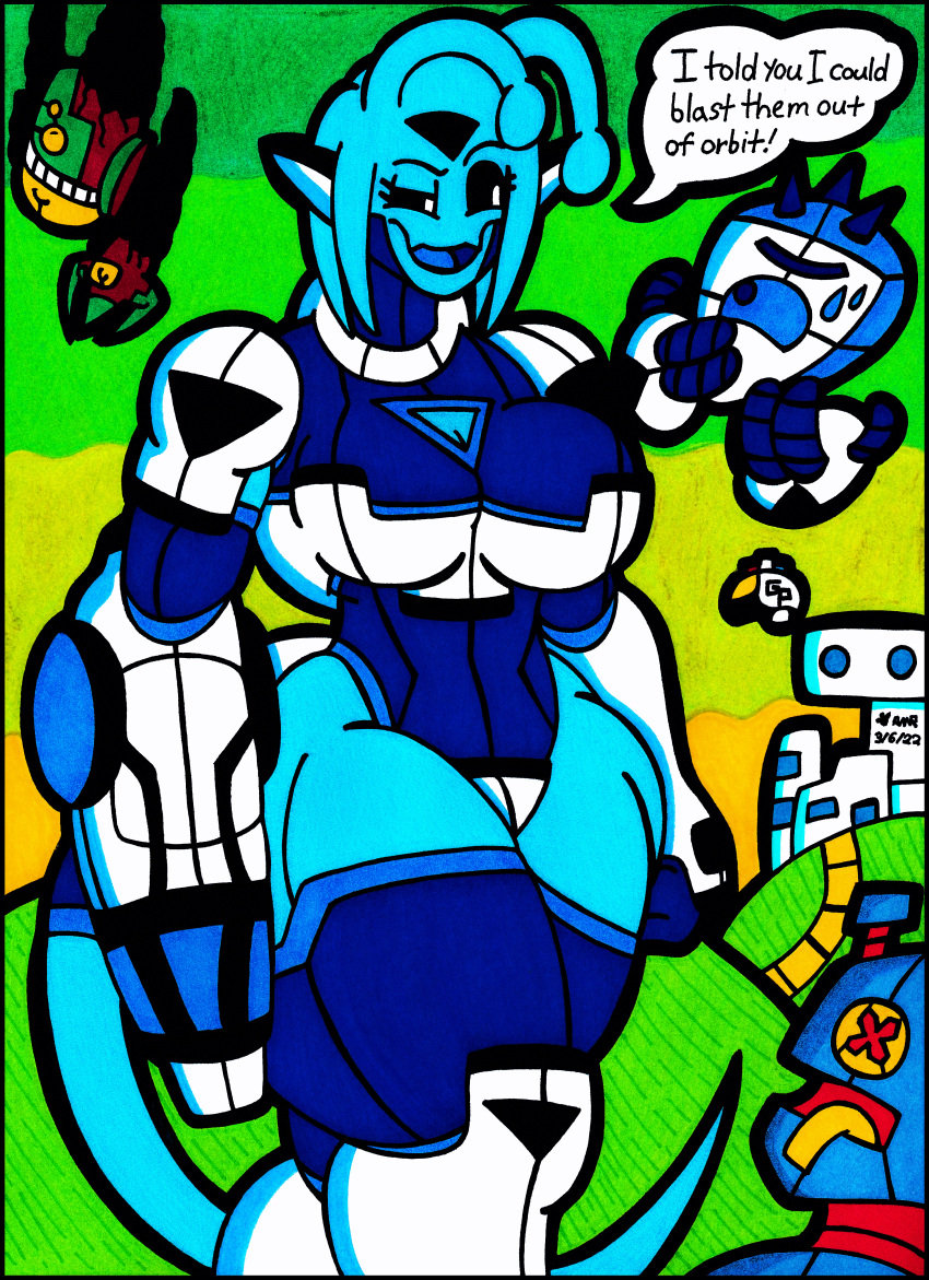 2022 4_fingers absurd_res alien alien_planet antennae_(anatomy) arm_cannon arm_guards armor armwear azali_starline_(character) black_sclera blue_body blue_skin blue_tongue boots bounty_hunter breastplate breasts building cleavage cleavage_cutout clothed clothing curvaceous curvy_figure dialogue english_text fangs female fingers footwear grass green_sky hi_res hill hillside humanoid humanoid_pointy_ears legwear long_tail machine plant police pseudo_hair robot robot_humanoid short_stack skimpy_armor skinsuit soldier solo spacecraft speech_bubble tentacle_hair tentacles text thegrumpiestpanda_(artist) thick_thighs tight_clothing tongue vehicle voluptuous warrior white_eyes wide_hips