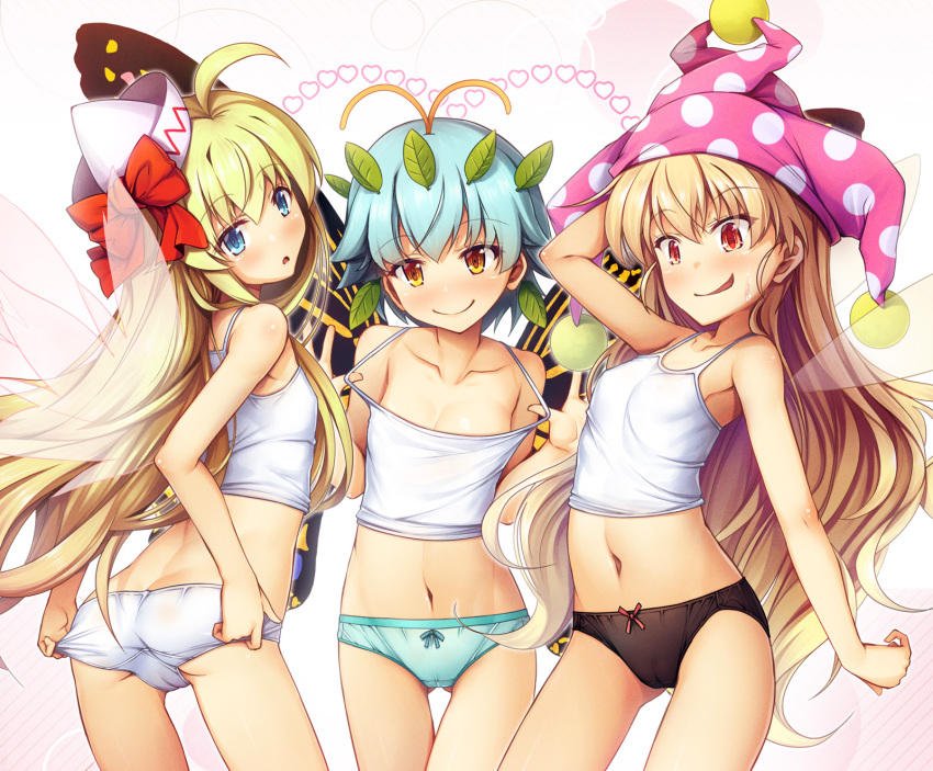 3girls ^^^ adjusting_clothes ahoge antennae aqua_panties arched_back arm_behind_head arm_up ass ass_visible_through_thighs bangs bare_arms bare_shoulders black_panties blonde_hair blue_eyes blush bow breasts butterfly_wings cameltoe chima_q closed_mouth clownpiece collarbone cowboy_shot d: diagonal_stripes eternity_larva eyebrows_visible_through_hair eyes_visible_through_hair fairy fairy_wings flat_chest from_side hair_between_eyes hat hat_bow heart highres jester_cap leaf leaf_on_head legs_apart lens_flare light_blue_hair lily_white long_hair looking_at_viewer multiple_girls open_mouth panties pink_headwear polka_dot polka_dot_headwear red_bow red_eyes short_hair skin_tight small_breasts smile standing striped striped_background surprised sweatdrop tank_top taut_clothes thigh_gap thighs tilted_headwear touhou transparent_wings underwear very_long_hair white_headwear white_panties white_tank_top wings