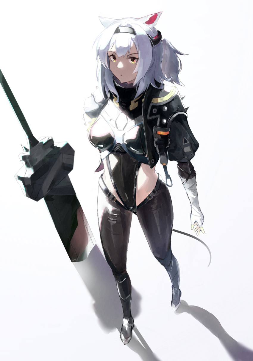 1girl absurdres animal_ears arknights bandaged_arm bandages black_hairband black_legwear black_leotard breasts closed_mouth cropped_jacket foreshortening from_above full_body genieko hairband highleg highleg_leotard highres jacket leotard long_hair looking_at_viewer looking_up medium_breasts official_alternate_costume one_side_up open_clothes open_jacket planted planted_sword scavenger_(arknights) short_sleeves sideless_outfit silver_hair simple_background solo standing sword tail thighhighs weapon white_background yellow_eyes