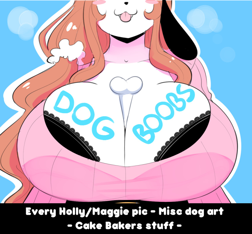 2019 anthro between_breasts big_breasts black_nose blue_background blush blush_stickers bone bra breast_focus breasts brown_hair canid canine canis cleavage clothed clothing digital_drawing_(artwork) digital_media_(artwork) domestic_dog dress fangs female front_view fur hair happy holly_applebee huge_breasts long_hair mammal mature_female mother parent pink_clothing pink_dress simple_background smile solo standing theycallhimcake tongue tongue_out underwear white_body white_fur writing_on_breasts
