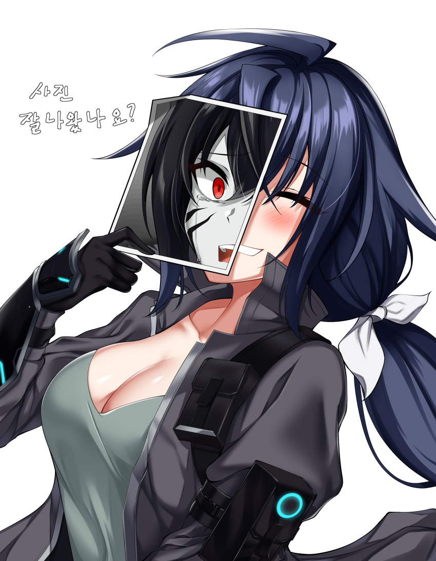 absurdres ahoge arm_guards arm_pouch bangs black_gloves black_jacket blush breasts cleavage collar_up collarbone collared_jacket counter:side covering_one_eye crossed_bangs dash_(counter:side) dual_persona dutch_angle elze_(s01047480836) eyebrows_visible_through_hair facial_mark furrowed_brow gloves glowing green_shirt grin hair_between_eyes hair_ribbon hand_up highres holding holding_photo jacket korean_commentary korean_text large_breasts long_hair long_sleeves looking_at_viewer low_twintails one_eye_closed open_clothes open_jacket open_mouth pale_skin photo_(object) red_eyes ribbon shirt shoulder_strap simple_background smile spira_(counter:side) split_theme spoilers tears translated twintails upper_body v-neck white_background wide-eyed