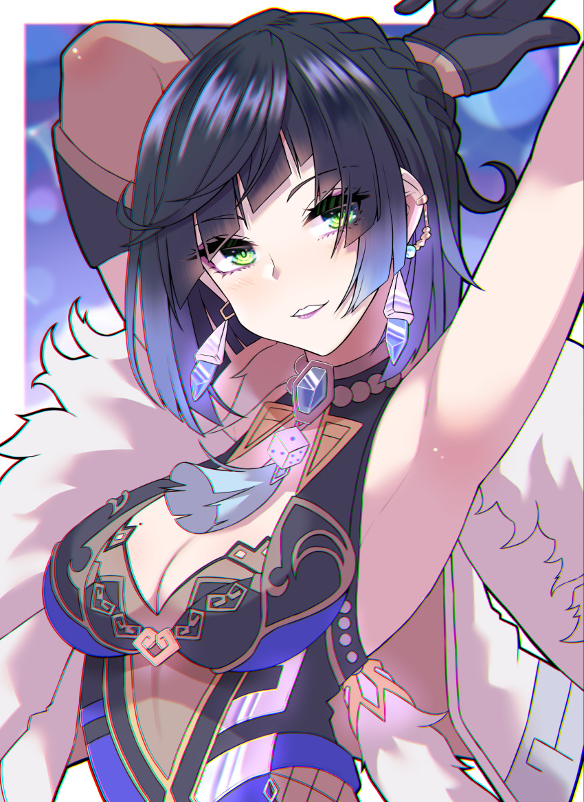 1girl armpits arms_up bangs black_hair blue_hair blunt_bangs breasts brooch cleavage commentary_request dice eyebrows_visible_through_hair genshin_impact gradient_hair green_eyes grin head_tilt highres hiyoko_(hiyo_koiro) jewelry looking_at_viewer medium_breasts mole mole_on_breast multicolored_hair parted_lips purple_lips short_hair sleeveless smile solo upper_body yelan_(genshin_impact)