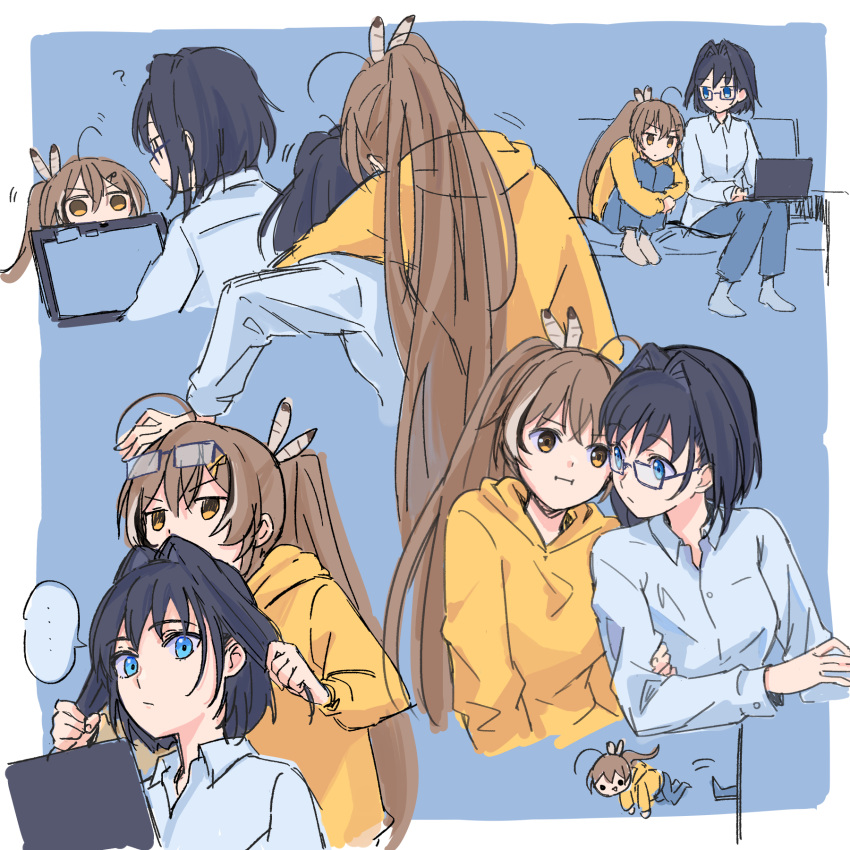 ... 2girls :i ahoge alternate_costume bangs blouse blue_blouse blue_eyes blue_hair blue_pants blue_shirt brown_eyes brown_hair computer couch curled_up feather_hair_ornament feathers glasses grabbing_another's_hair hair_ornament highres hololive hololive_english hood hoodie hug hug_from_behind jitome kicking kisuu_(oddnumberr_) laptop long_hair multicolored_hair multiple_girls nanashi_mumei ouro_kronii pants ponytail shirt short_hair socks sticky_note streaked_hair sweatpants trolling very_long_hair virtual_youtuber yellow_hoodie