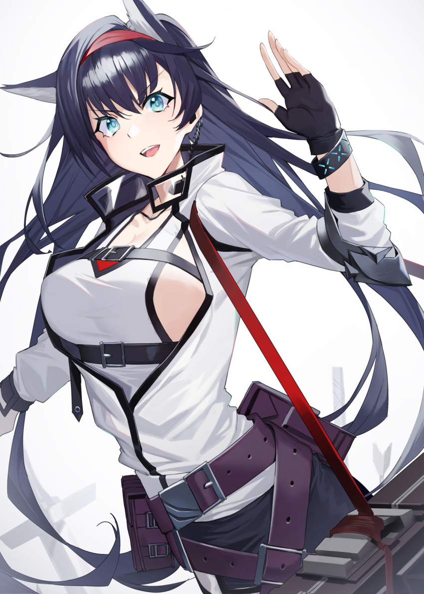 1girl :d animal_ear_fluff animal_ears aqua_eyes arknights arm_up belt belt_buckle belt_pouch black_gloves black_hair blaze_(arknights) bracelet breasts buckle cat_ears cleavage cowboy_shot earpiece elbow_pads extra_ears eyebrows_visible_through_hair fingerless_gloves gloves hairband highres infection_monitor_(arknights) jacket jewelry large_breasts long_hair long_sleeves open_clothes open_jacket open_mouth planted planted_sword pouch raitho red_hairband sideboob simple_background smile solo sword tank_top underbust v-shaped_eyebrows very_long_hair waving weapon weapon_bag white_background white_jacket