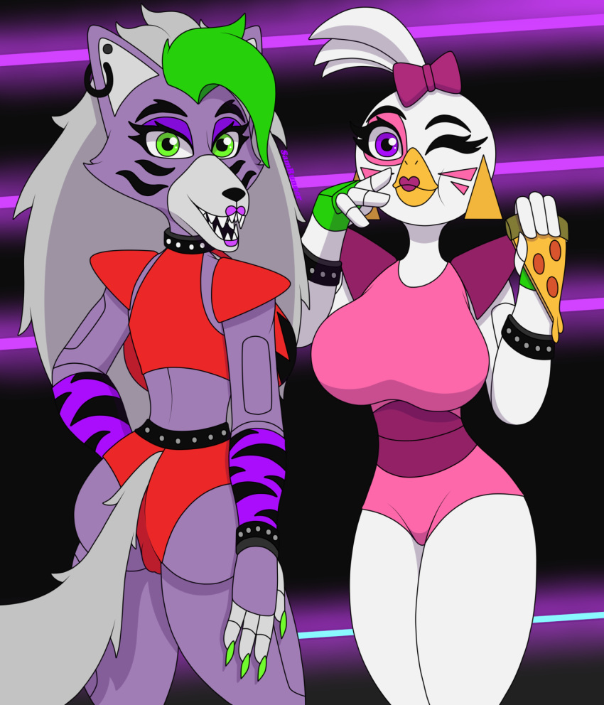 anthro avian big_breasts big_butt bird breasts butt butt_focus canid canine canis chicken clothing duo female five_nights_at_freddy's five_nights_at_freddy's:_security_breach food galliform gallus_(genus) glamrock_chica_(fnaf) hair hi_res humanoid inside legwear long_hair looking_at_viewer looking_back mammal open_mouth phasianid pizza presenting rear_view roxanne_wolf_(fnaf) samrunner scottgames small_waist swimwear thick_thighs thigh_highs video_games waist wolf