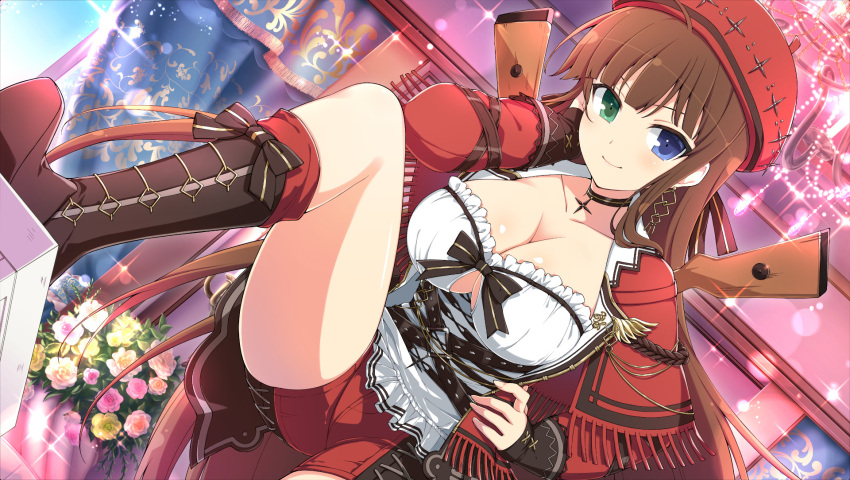 1girl ahoge black_bow black_footwear blue_eyes boots bow breasts brown_hair cleavage closed_mouth collarbone dutch_angle floating_hair green_eyes hand_on_hip hat heterochromia highres indoors knee_boots large_breasts lens_flare long_hair red_headwear red_shorts ryoubi_(senran_kagura) senran_kagura senran_kagura_new_link shiny shiny_hair shirt short_shorts shorts smile solo very_long_hair white_shirt
