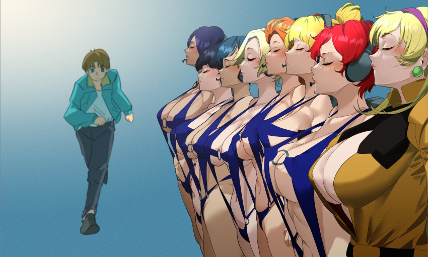 1boy 6+girls black_footwear black_pants blonde_hair blue_eyes blue_hair blue_jacket blue_swimsuit blush brown_hair closed_eyes commission company_connection creator_connection dark-skinned_female dark_skin gundam headset highres jacket katejina_loos long_hair multiple_girls navel neneka_nibrou o-ring orange_hair overman_king_gainer pants parody pilot_suit purple_hair red_hair sakusakusakurai shirt short_hair skeb_commission slingshot_swimsuit sunrise_(company) swimsuit tomino_yoshiyuki uso_ewin victory_gundam white_shirt