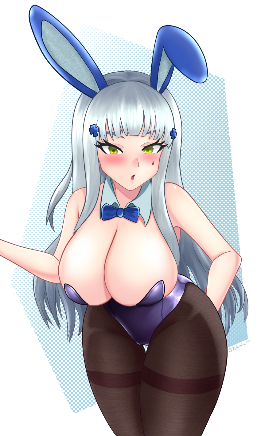 1girl absurdres alternate_costume animal_ears blue_background blue_bow bow bowtie breasts brown_legwear cleavage cowboy_shot detached_collar facial_mark fake_animal_ears girls'_frontline green_eyes highres hk416_(girls'_frontline) hk416_(starry_cocoon)_(girls'_frontline) kentumatsu large_breasts leotard looking_at_viewer pantyhose playboy_bunny purple_leotard rabbit_ears silver_hair solo strapless strapless_leotard teardrop white_background white_hair wrist_cuffs