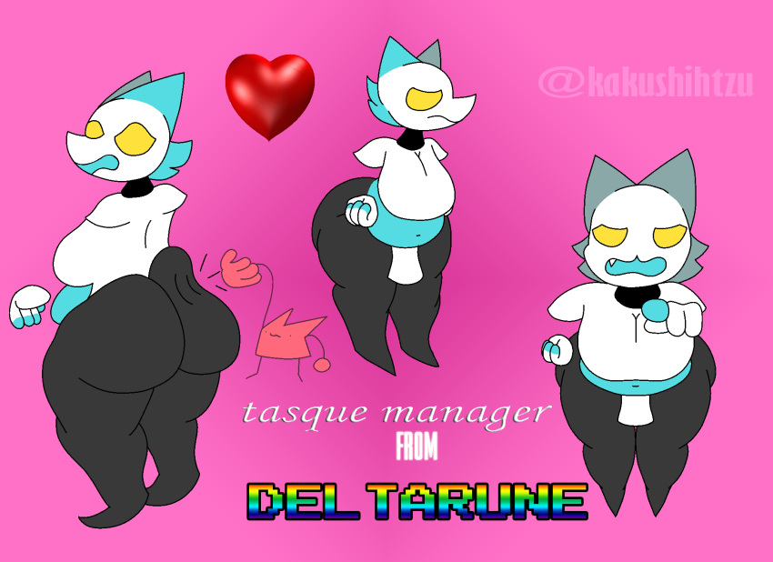 &lt;3 4_fingers angry anthro belly big_butt blue_belly blue_ears butt butt_slap deltarune domestic_cat felid feline felis female fingers gesture grey_butt grey_legs hi_res kaku_shihtzu looking_at_viewer looking_back machine mammal monotone_background pointing pointing_at_viewer robot slap solo tasque_manager thick_thighs undertale_(series) video_games white_body wide_hips yellow_eyes