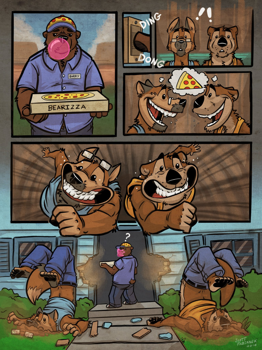 2016 anthro barry_the_pizza_bear black_eyes black_nose bottomwear brown_body bubble_gum canid canine canis clothing comic delivery_(commerce) detailed_background domestic_dog exclamation_point food food_delivery group hi_res humanoid_hands k-9 lutrine male mammal mustelid outside overweight overweight_male pants pizza pizza_box pizza_delivery pizza_slice question_mark shirt topwear ursid