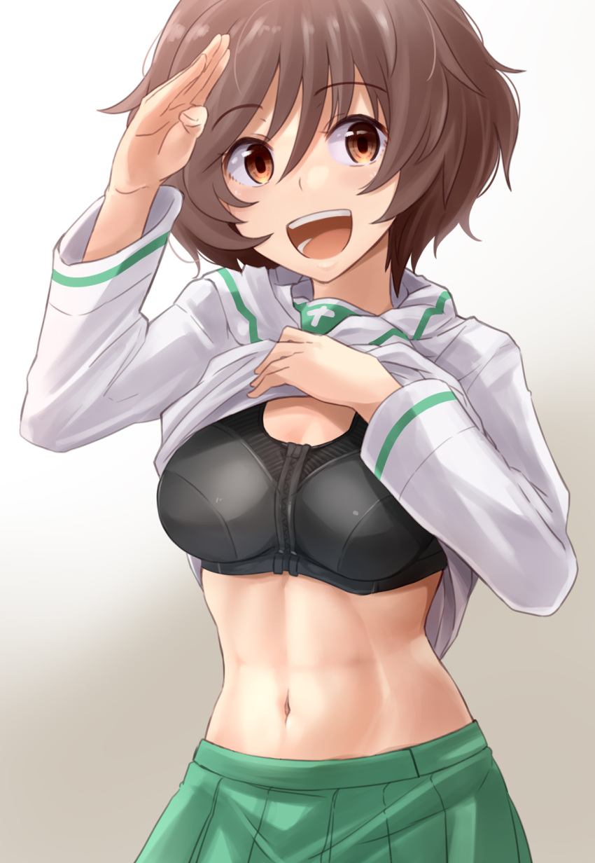 1girl akiyama_yukari black_sports_bra blush breasts brown_eyes brown_hair clothes_lift eyebrows_visible_through_hair girls_und_panzer green_skirt highres kitayama_miuki lifted_by_self looking_at_viewer navel ooarai_school_uniform open_mouth pleated_skirt school_uniform shiny shiny_hair shirt_lift short_hair skirt small_breasts smile solo sports_bra upper_body