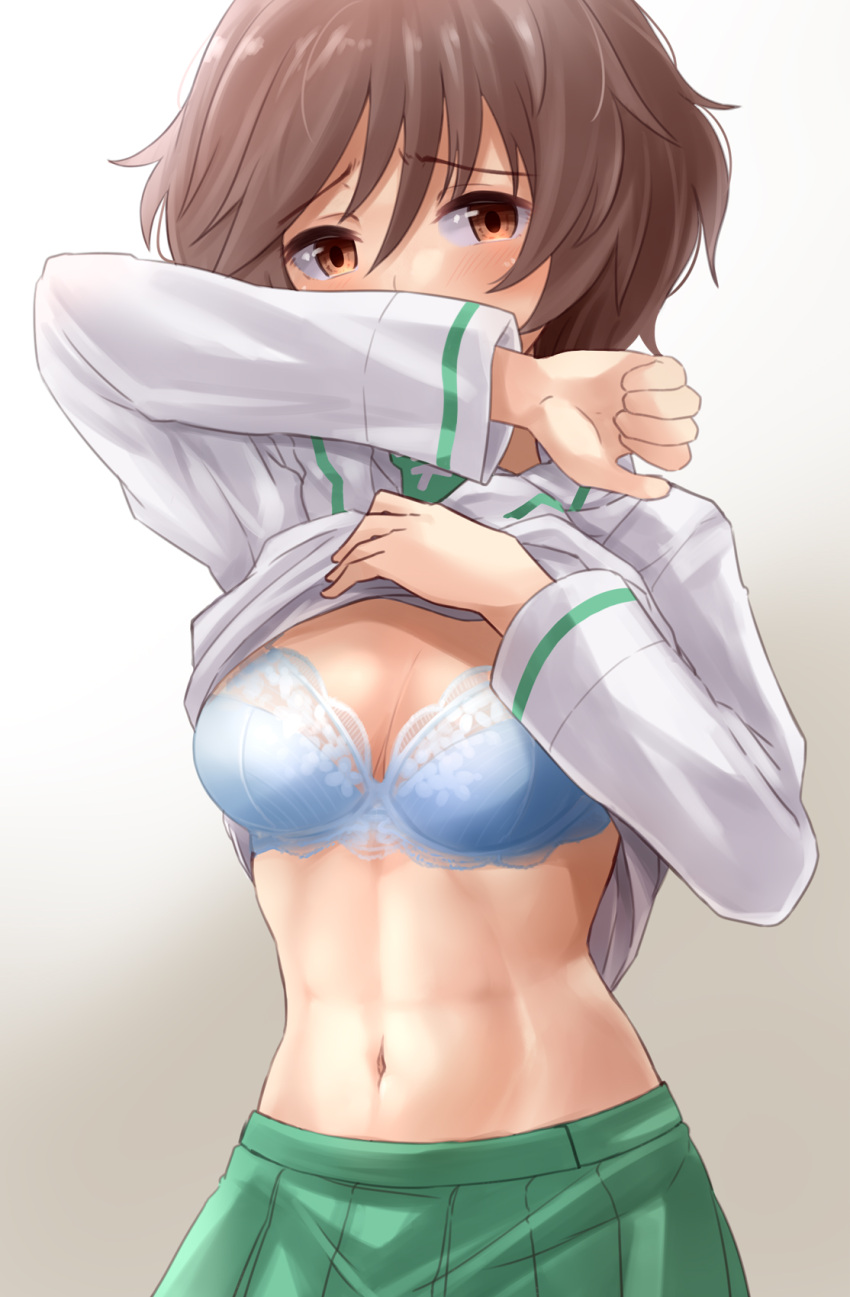 1girl akiyama_yukari blush bra breasts brown_eyes brown_hair clothes_lift covering_mouth embarrassed eyebrows_visible_through_hair girls_und_panzer green_skirt highres kitayama_miuki lifted_by_self lingerie looking_at_viewer navel ooarai_school_uniform pleated_skirt school_uniform shiny shiny_hair shirt_lift short_hair skirt small_breasts solo underwear upper_body white_bra