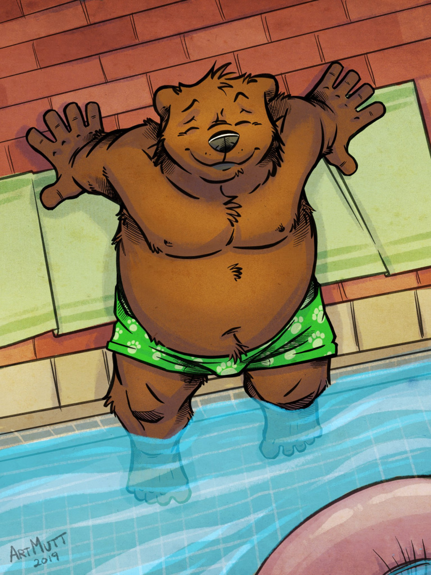 2019 anthro belly big_belly black_nose clothing detailed_background eyes_closed hi_res k-9 male mammal moobs nipples outside overweight overweight_male sitting solo swimming_pool swimwear ursid water