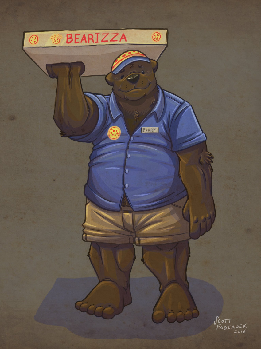 2016 anthro barry_the_pizza_bear belly big_belly black_nose bottomwear brown_body clothing delivery_(commerce) food_delivery hat headgear headwear hi_res humanoid_hands k-9 male mammal overweight overweight_male pizza_box pizza_delivery shirt shorts solo topwear ursid