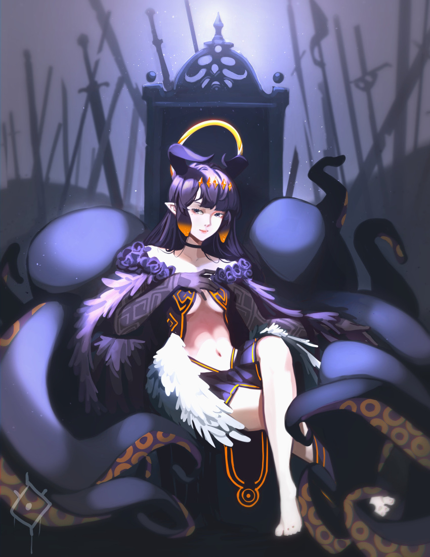 1girl absurdres barefoot black_choker choker closed_mouth crossed_legs elbow_gloves field_of_blades gloves highres hololive hololive_english horns looking_at_viewer megabyte.exe miniskirt ninomae_ina'nis planted planted_sword pleated_skirt pointy_ears purple_eyes purple_hair purple_skirt sitting skirt solo sword throne weapon
