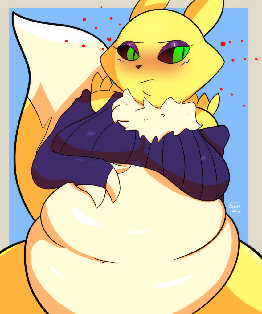 absurd_res anthro bandai_namco belly belly_expansion belly_overhang belly_rub bottomless canid canine clothed clothing digimon digimon_(species) expansion female fluffy fluffy_tail fox hi_res makeup mammal navel neck_tuft overweight renamon softtibbies sweater topwear tuft weight_gain