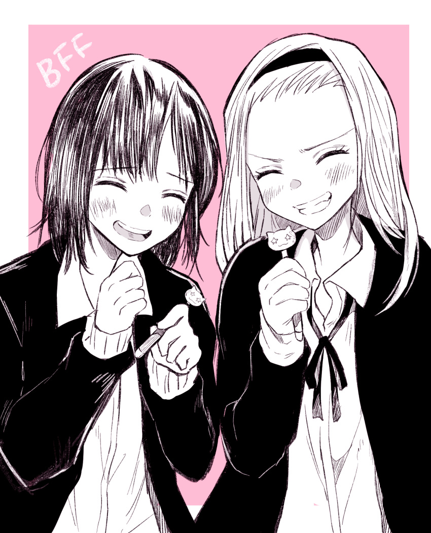 2girls bangs bangs_pinned_back blush bolo_tie closed_eyes grin hairband happy highres jacket kirarazaka_marina kuze_shizuka long_hair long_sleeves monochrome multiple_girls nk422704 open_clothes open_jacket parted_lips pen school_uniform short_hair smile takopii_no_genzai