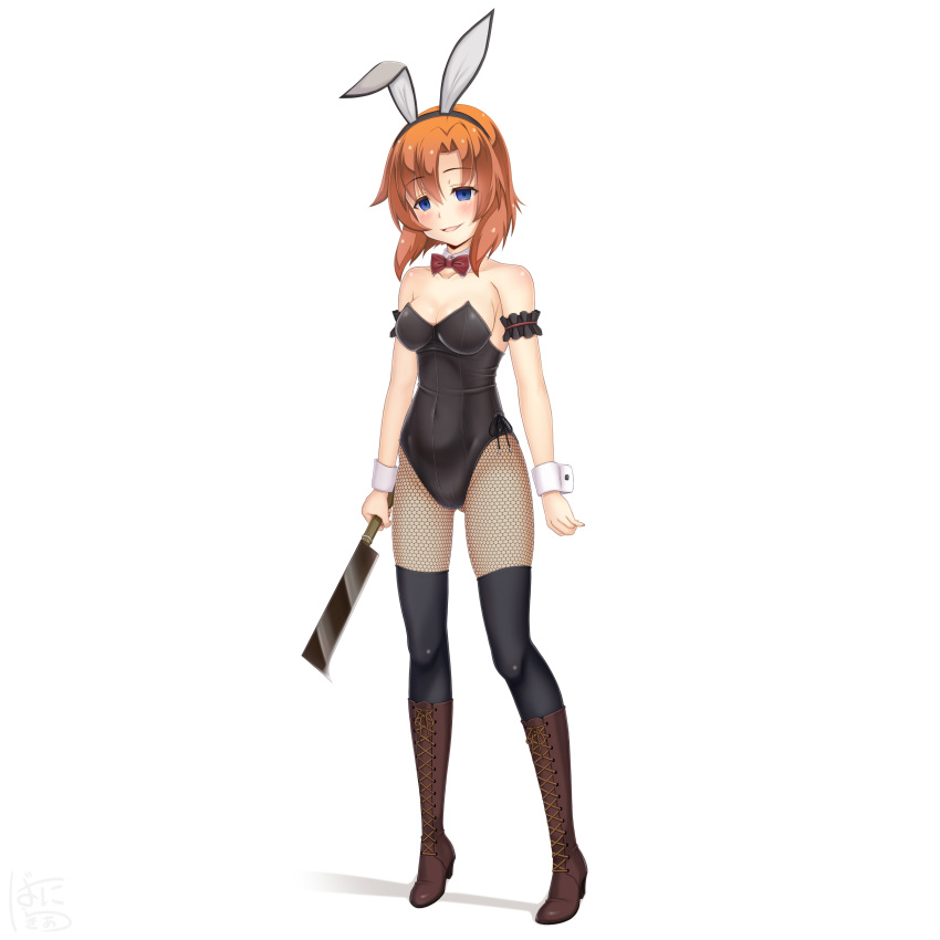 1girl absurdres animal_ears bangs black_legwear black_leotard blue_eyes boots bow bowtie breasts brown_footwear cleavage commentary_request cross-laced_footwear detached_collar empty_eyes evil_smile fishnet_legwear fishnets full_body highres higurashi_no_naku_koro_ni lace-up_boots leotard looking_at_viewer medium_breasts orange_hair pantyhose playboy_bunny rabbit_ears rabbit_tail red_bow red_bowtie ryuuguu_rena sainohikari short_hair simple_background smile standing strapless strapless_leotard tail thighhighs white_background wrist_cuffs yandere