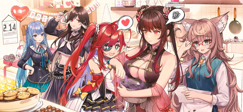 +_+ 5girls adjusting_eyewear ahoge animal_ears baking balloon belt blue_eyes blue_hair blue_serafuku bolo_tie bow bowl box braid breasts brown_hair calendar_(object) cat_ears chain_belt china_dress chinese_clothes chocolate chocolate_making choker cleavage collared_shirt cookie crop_top darwin_(dragirls) date_masamune_(dragirls) detached_sleeves double_bun dress drooling eating eyebrows_visible_through_hair eyepatch flower food french_braid frilled_skirt frilled_sleeves frills frying_pan gift gift_box glasses green_eyes hair_flower hair_ornament hair_ribbon hand_on_hip happy_valentine heart heart_balloon highres holding holding_bowl holding_paper holding_whisk jing_ke_(dragirls) kettle kitchen large_breasts light_brown_hair long_hair long_sleeves looking_at_another midriff mixing_bowl multicolored_hair multiple_belts multiple_girls navel nene_(dragirls) official_art open_mouth orange_eyes over-rim_eyewear own_hands_together paper plate pot red-framed_eyewear red_eyes red_flower red_hair red_shawl reginleif_(dragirls) ribbon school_uniform semi-rimless_eyewear serafuku shawl shirt skirt sleeveless sleeveless_dress smile spoken_heart spoken_squiggle squiggle streaked_hair sweatdrop sweater_vest the_symphony_of_dragon_and_girls twintails two_side_up valentine very_long_hair whisk whisking white_hair white_shirt yellow_bow yokii