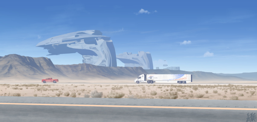 america artist_name blue_sky building cloud commentary_request desert ground_vehicle harbor highres motor_vehicle no_humans ogata_tank original pickup_truck road scenery science_fiction semi_truck sky trailer truck watermark