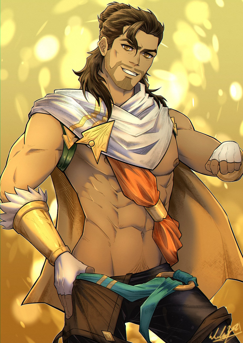 1boy abs akshan_(league_of_legends) bangs beard brown_hair commentary dark-skinned_male dark_skin facial_hair grin highres league_of_legends long_hair male_focus pants smile solo teeth wyatt_wu1020 yellow_eyes