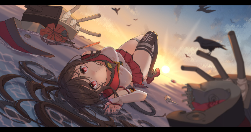 1girl absurdres armband bird black_legwear breasts brown_hair cannon cherry_blossoms clothes_writing damaged detached_sleeves flower hair_flower hair_ornament headgear highres hip_vent kantai_collection long_hair long_sleeves lying medium_breasts miniskirt ocean oil-paper_umbrella on_back pleated_skirt ponytail red_eyes red_skirt red_umbrella rigging sakuramon single_thighhigh skirt solo thighhighs tokikouhime turret umbrella white_sleeves yamato_(kancolle) yamato_kai_(kancolle) z_flag