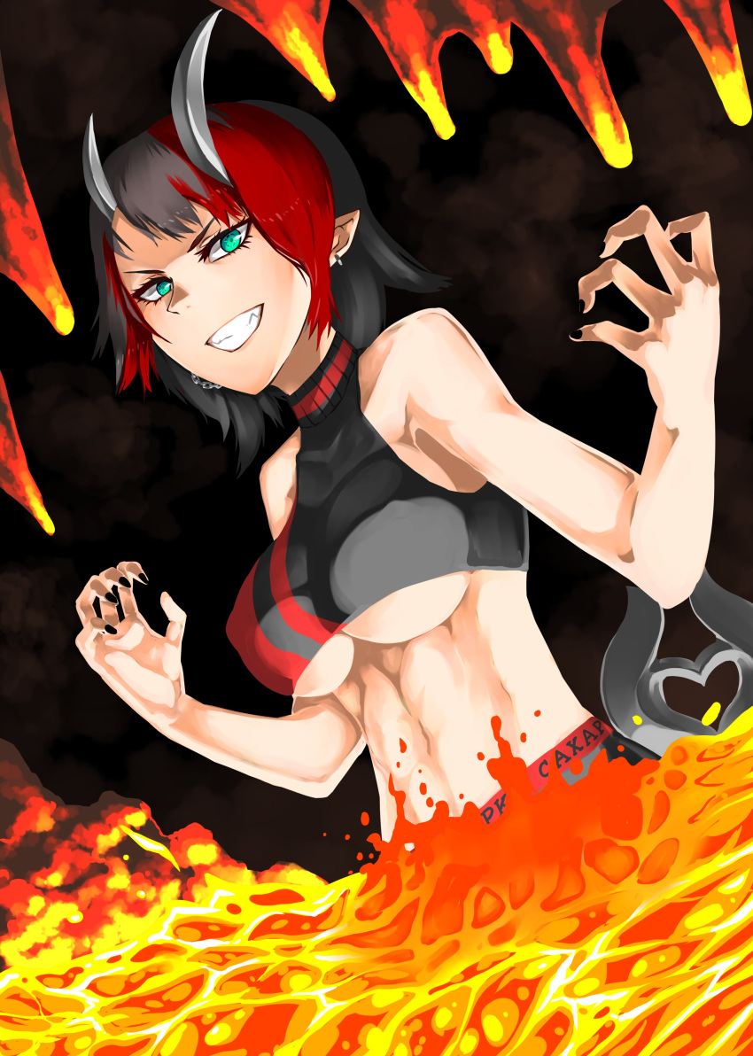 1girl absurdres bangs black_hair black_nails black_sports_bra blue_eyes breasts chain claw_pose commentary_request demon_girl demon_horns demon_tail dutch_angle ear_chain engacyo_(engacyo39800yen) grin highres horns large_breasts looking_at_viewer molten_rock multicolored_hair nail_polish no_jacket pointy_ears red_hair red_sports_bra ryugasaki_rene short_hair smile solo sports_bra sugar_lyric tail two-tone_hair underboob upper_body virtual_youtuber
