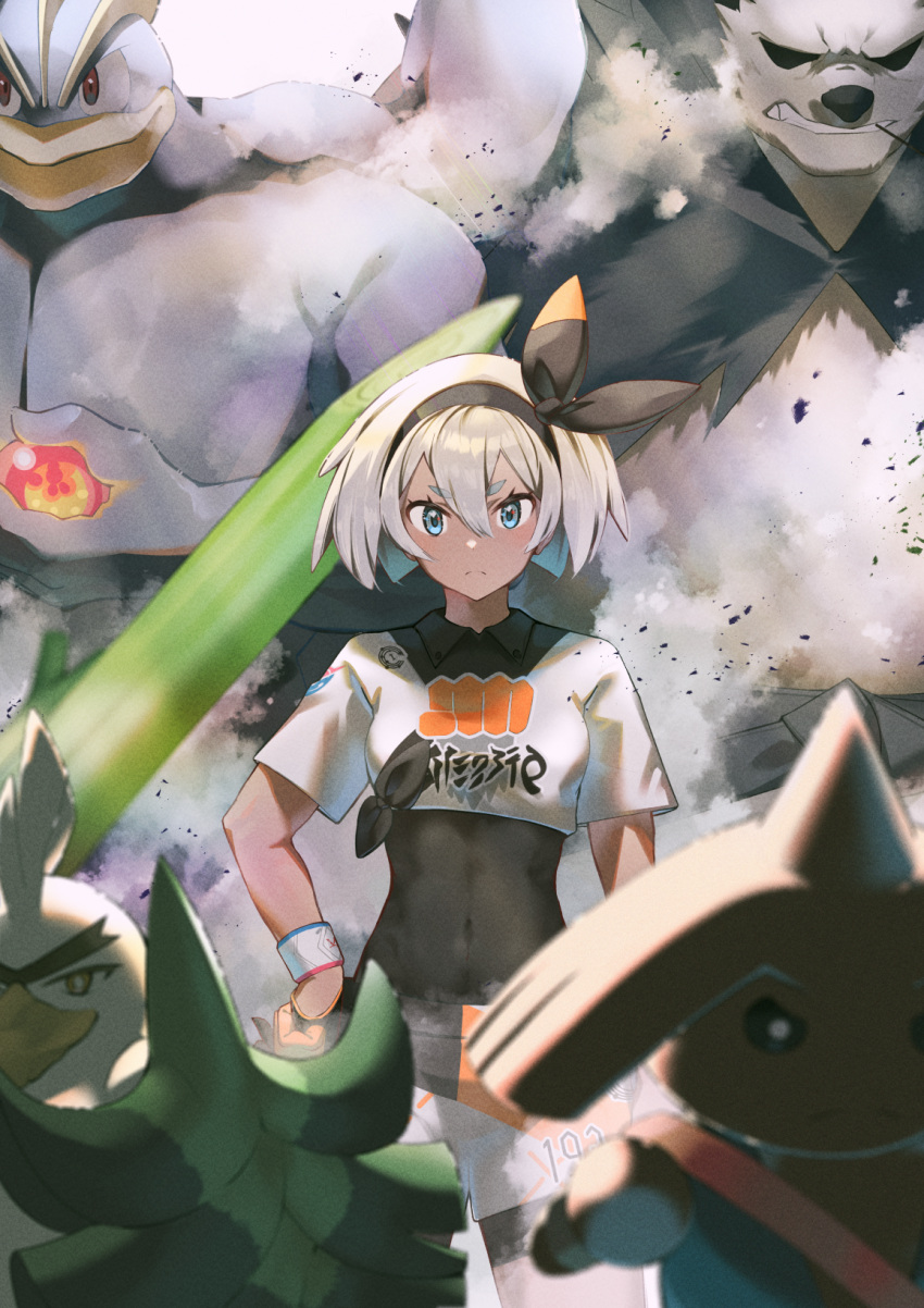 1girl bangs bea_(pokemon) black_bodysuit black_hairband blonde_hair blue_eyes blurry bodysuit bodysuit_under_clothes bow_hairband collared_shirt commentary_request dynamax_band gloves hair_between_eyes hairband hand_on_hip haska_(user_gure4787) highres hitmontop machamp pangoro pokemon pokemon_(creature) pokemon_(game) pokemon_swsh print_shirt print_shorts shirt short_hair short_sleeves shorts sirfetch'd smoke