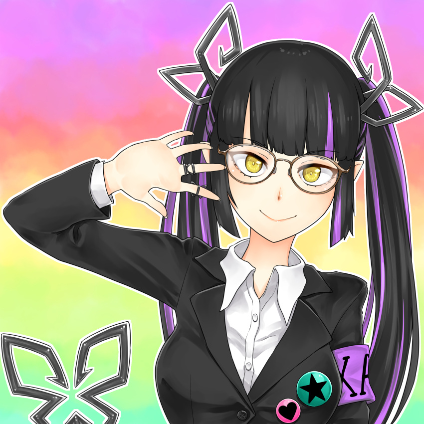 1girl alternate_costume bangs bespectacled black-framed_eyewear black_hair black_jacket blunt_bangs breasts brown-framed_eyewear closed_mouth collared_shirt commentary_request demon_girl demon_horns demon_tail engacyo_(engacyo39800yen) glasses gradient gradient_background highres horns jacket jewelry kojo_anna long_hair long_sleeves looking_at_viewer medium_breasts multicolored_hair pointy_ears purple_hair rainbow_background rainbow_gradient rectangular_eyewear ring shirt smile solo sugar_lyric tail twintails two-tone_hair upper_body virtual_youtuber white_shirt yellow_eyes