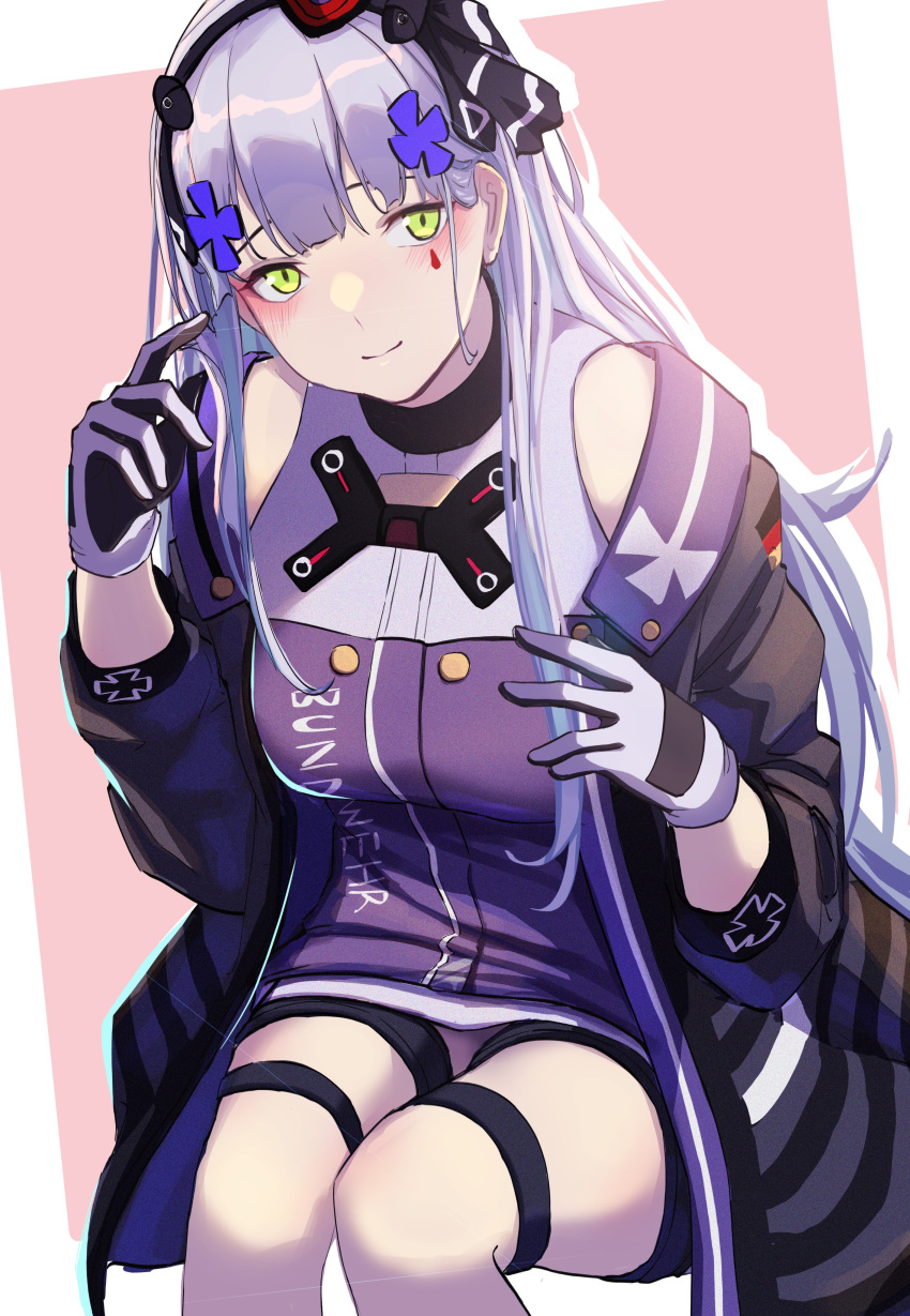 1girl 3_small_spiders absurdres arm_up bangs blush breasts closed_mouth commentary eyebrows_visible_through_hair feet_out_of_frame german_flag girls'_frontline gloves green_eyes hair_ornament hair_ribbon hairband hairclip highres hk416_(girls'_frontline) light_blue_hair long_hair looking_at_viewer medium_breasts ribbon simple_background sitting smile solo tactical_clothes teardrop_facial_mark teardrop_tattoo uniform white_gloves
