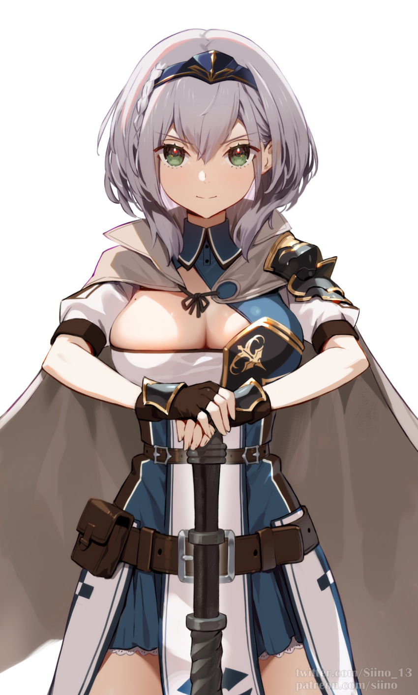 1girl barefoot belt braid breasts brown_belt brown_gloves cape cleavage closed_mouth elden_ring eyebrows_visible_through_hair fingerless_gloves gloves green_eyes hair_between_eyes headpiece highres holding holding_weapon hololive large_breasts looking_at_viewer mole mole_on_breast shirogane_noel short_hair siino silver_hair simple_background smile solo toes upper_body virtual_youtuber weapon white_background white_cape