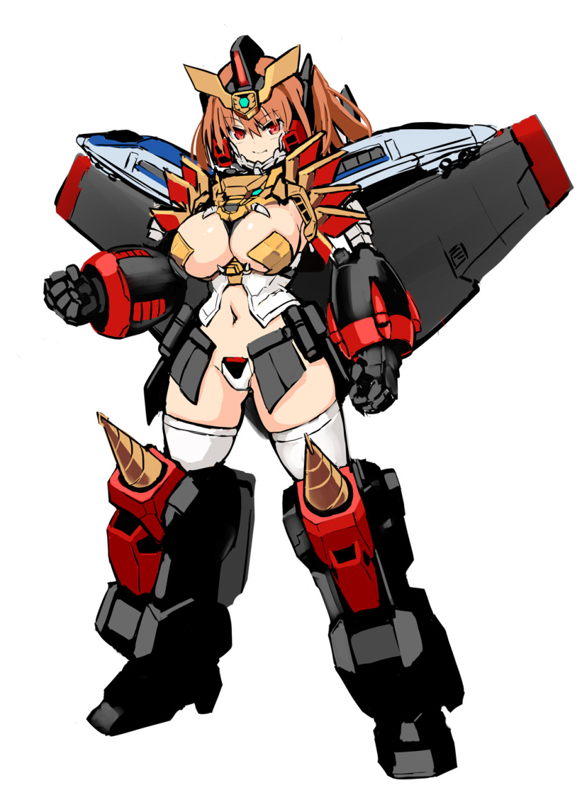 1girl airplane_wing alternate_breast_size breasts clenched_hands drill frame_arms_girl gaogaigar gaogaigar_(crossframe_girl) highres large_breasts looking_at_viewer messy_(efuya) navel orange_eyes orange_hair personification skindentation solo thighhighs v-fin white_background white_legwear yuusha_ou_gaogaigar yuusha_series