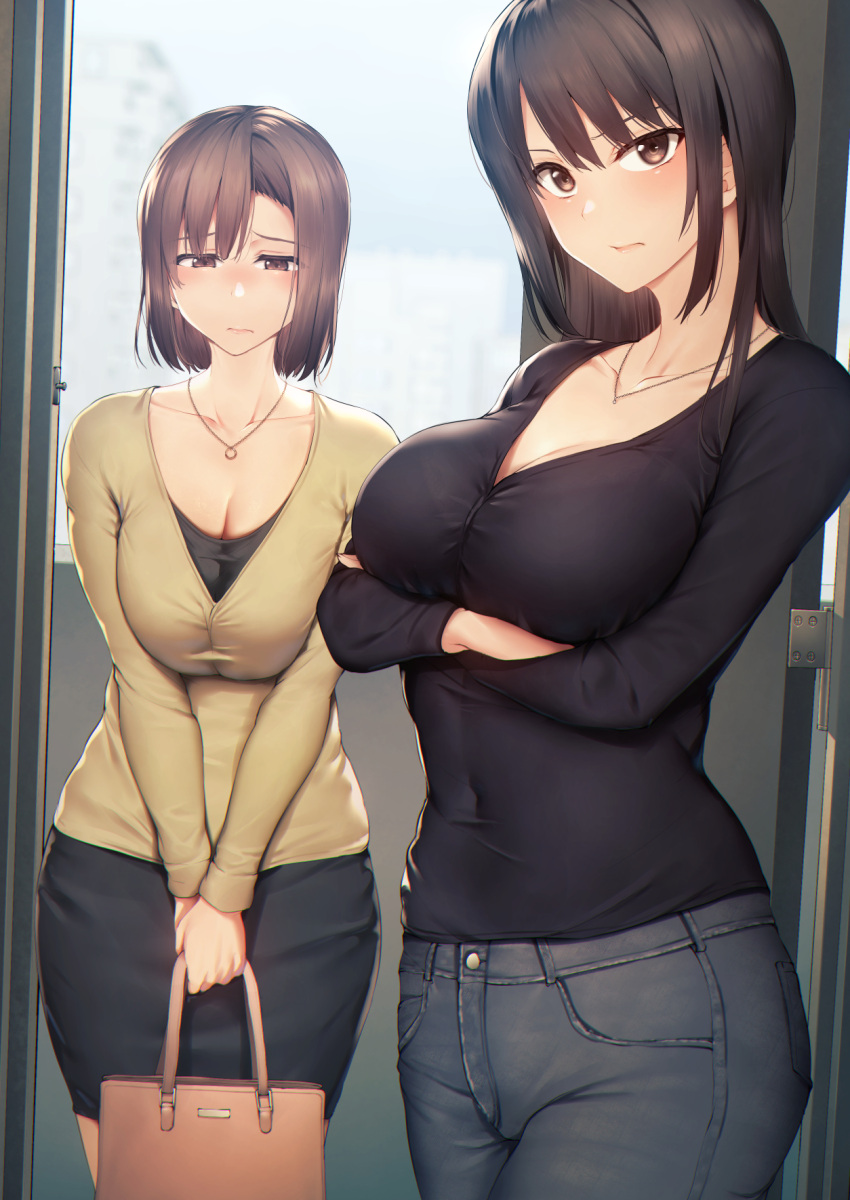 2girls apartment arms_under_breasts bra_visible_through_clothes breast_squeeze breasts character_request cleavage collarbone copyright_request covered_navel crossed_arms doorway highres jewelry large_breasts looking_at_viewer looking_down medium_hair multiple_girls necklace pants see-through short_hair shy skirt standing tachibana_omina